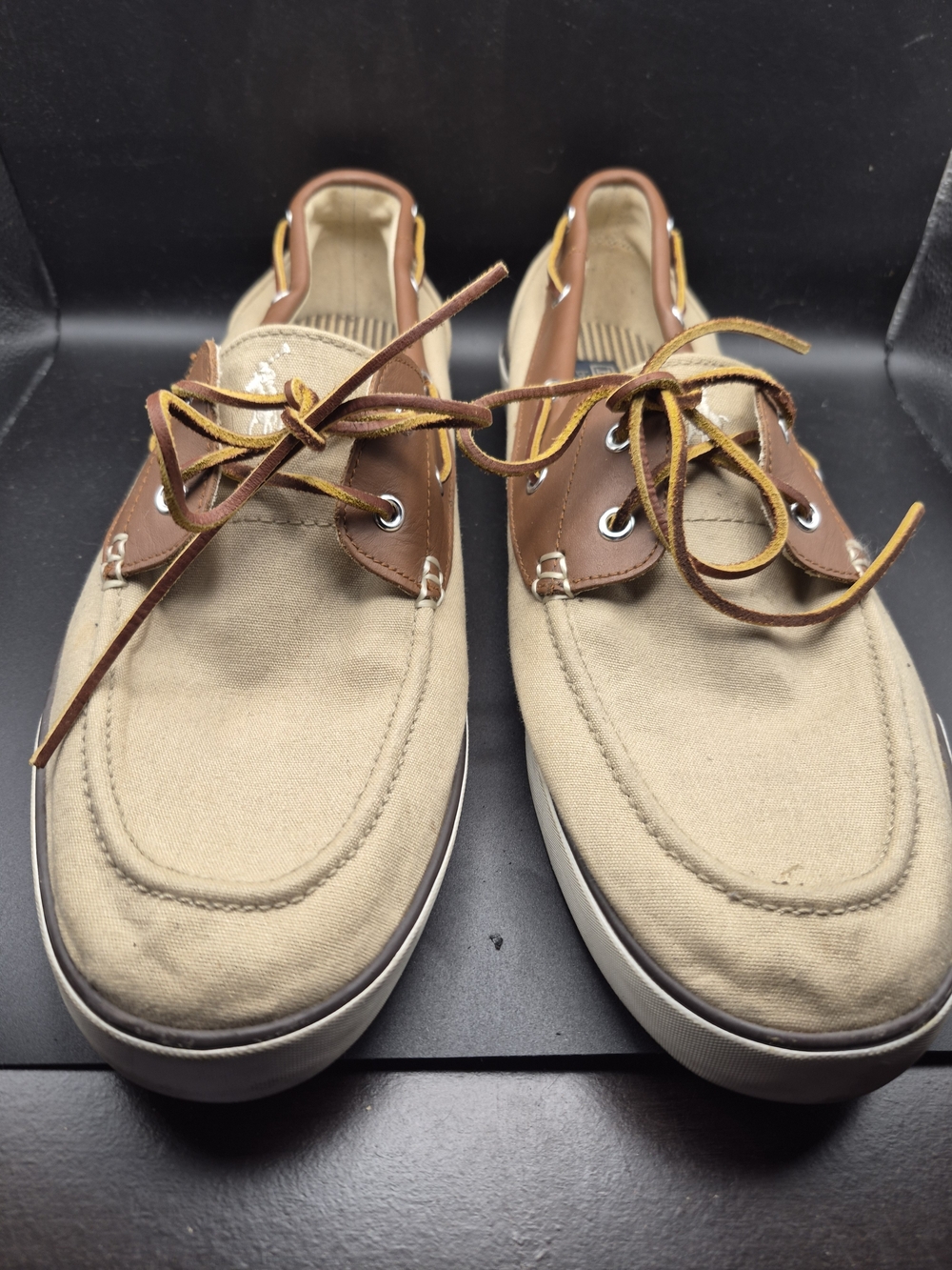 Polo By Ralph Lauren Men's Tan Canvas & Brown Leather Boat Shoes Size 16D